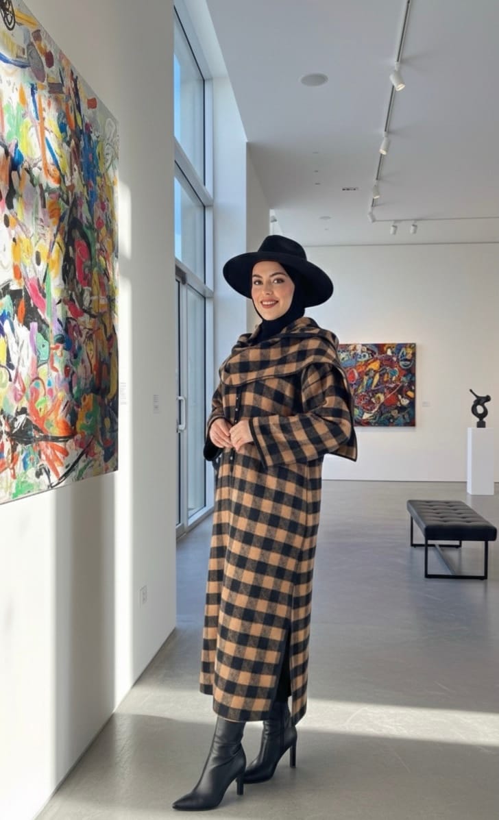 Djellaba marocaine hivernale à carreaux avec châle - Krissi Couture