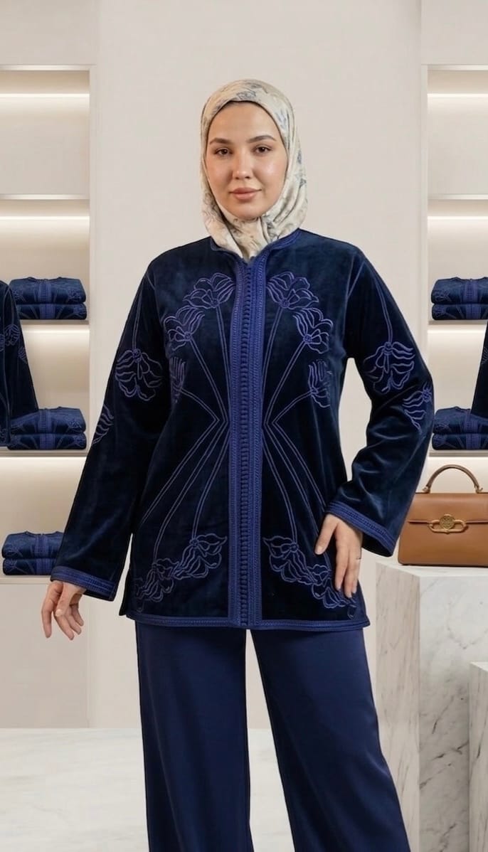 pour femme en bleu roi, idéal pour les célébrations de l'Aïd. Un mélange parfait entre tradition et modernité avec une broderie raffinée.